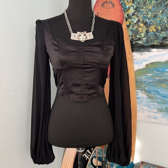 NWT,Misguided,Corset Top, Blouson Sheer Sleeves, Zipper Back, Beautiful, 6 - Picture 6 of 11